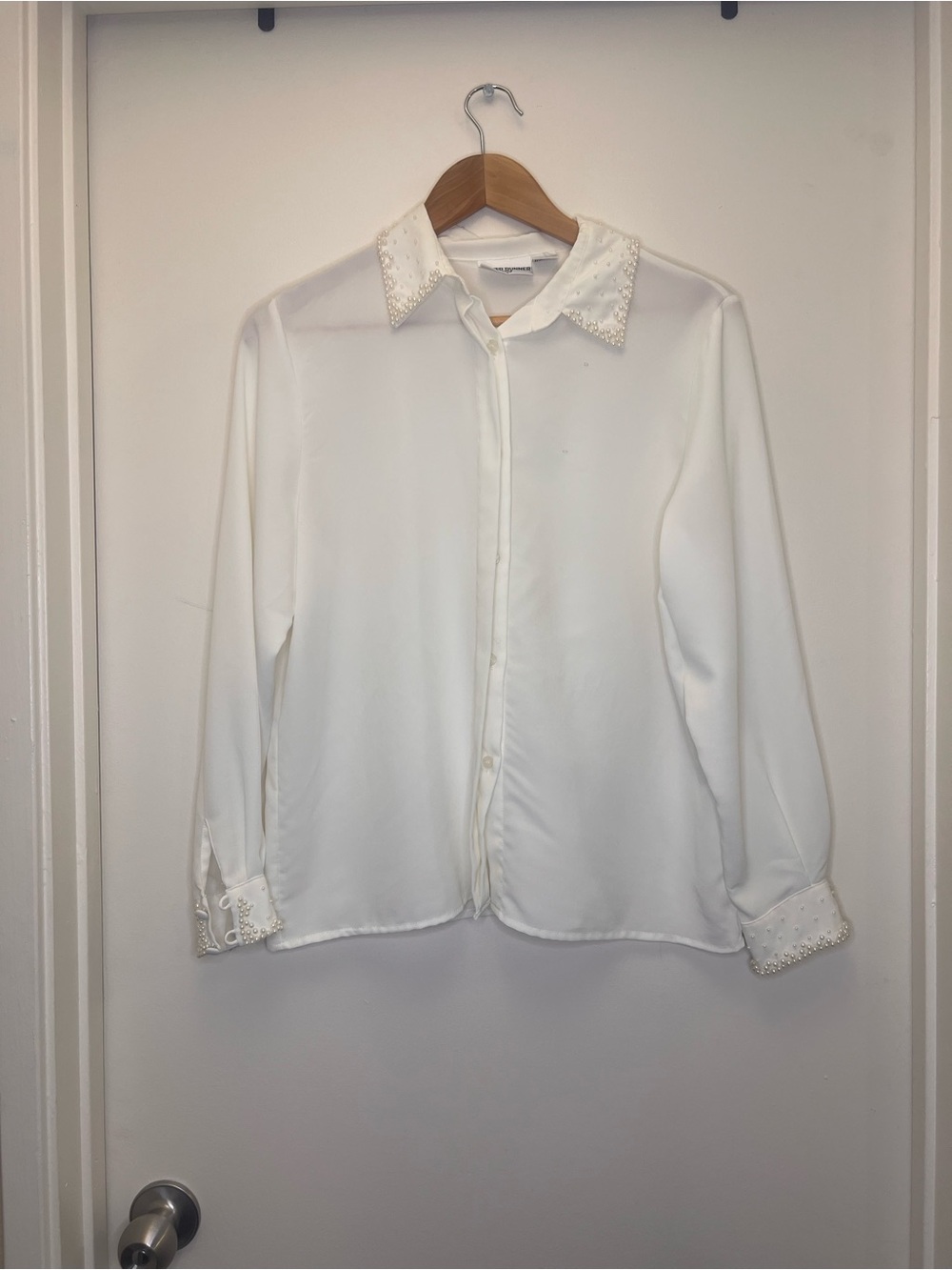 Alfred Dunner Petite Pearl Collar Blouse White Button Up Preppy Chic - Picture 2 of 11